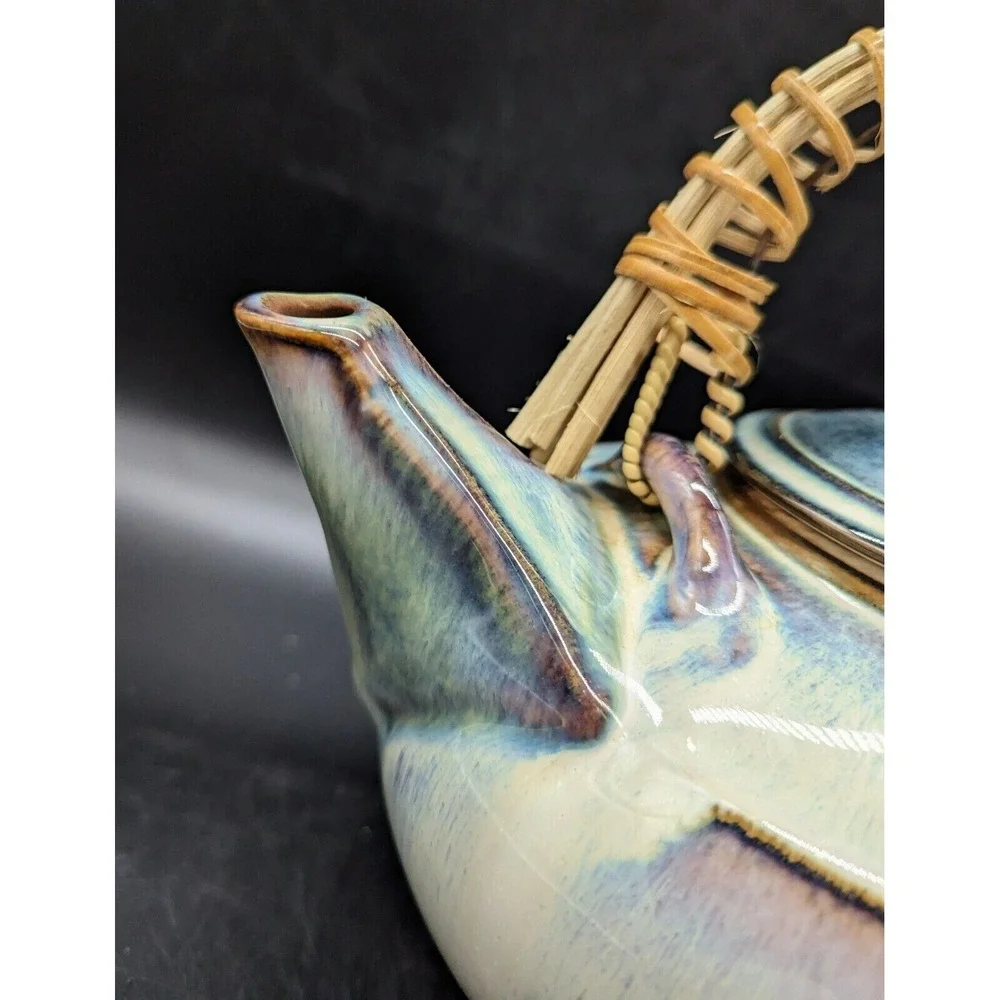 Bill Campbell Art Pottery Tea Pot Bamboo Handle 6‎ cup Blues Beige Unsigned